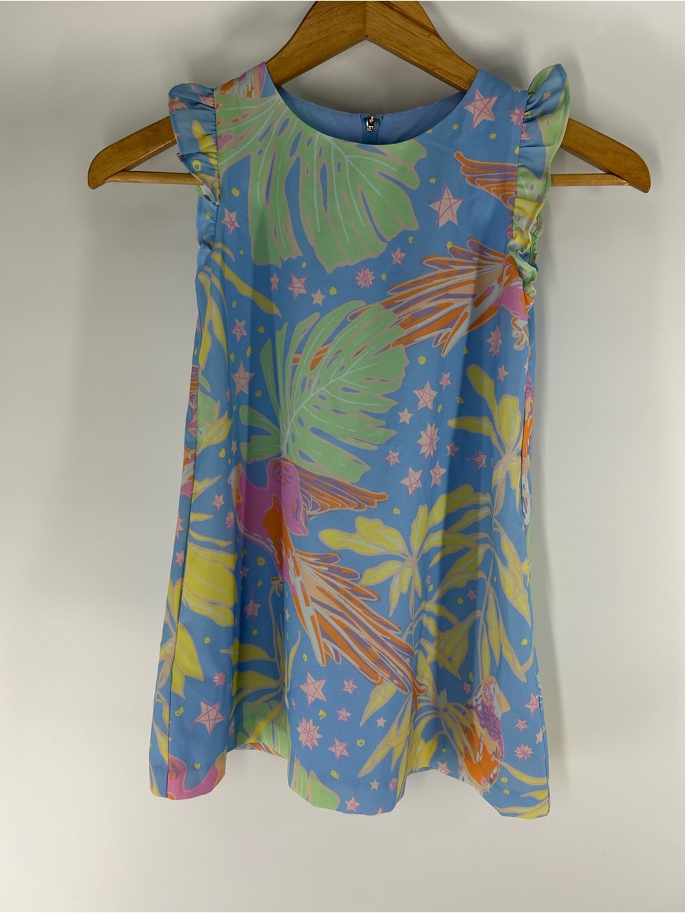 Emily Mccarthy Blue Tropical Print Ruffle-Shoulder Dress for Girls 6/8